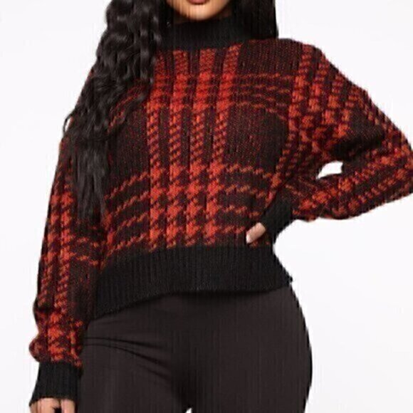 FASHION NOVA Plaid for You Sweater Black Red Mock Neck Cropped Crop Boxy Small S - Picture 1 of 12